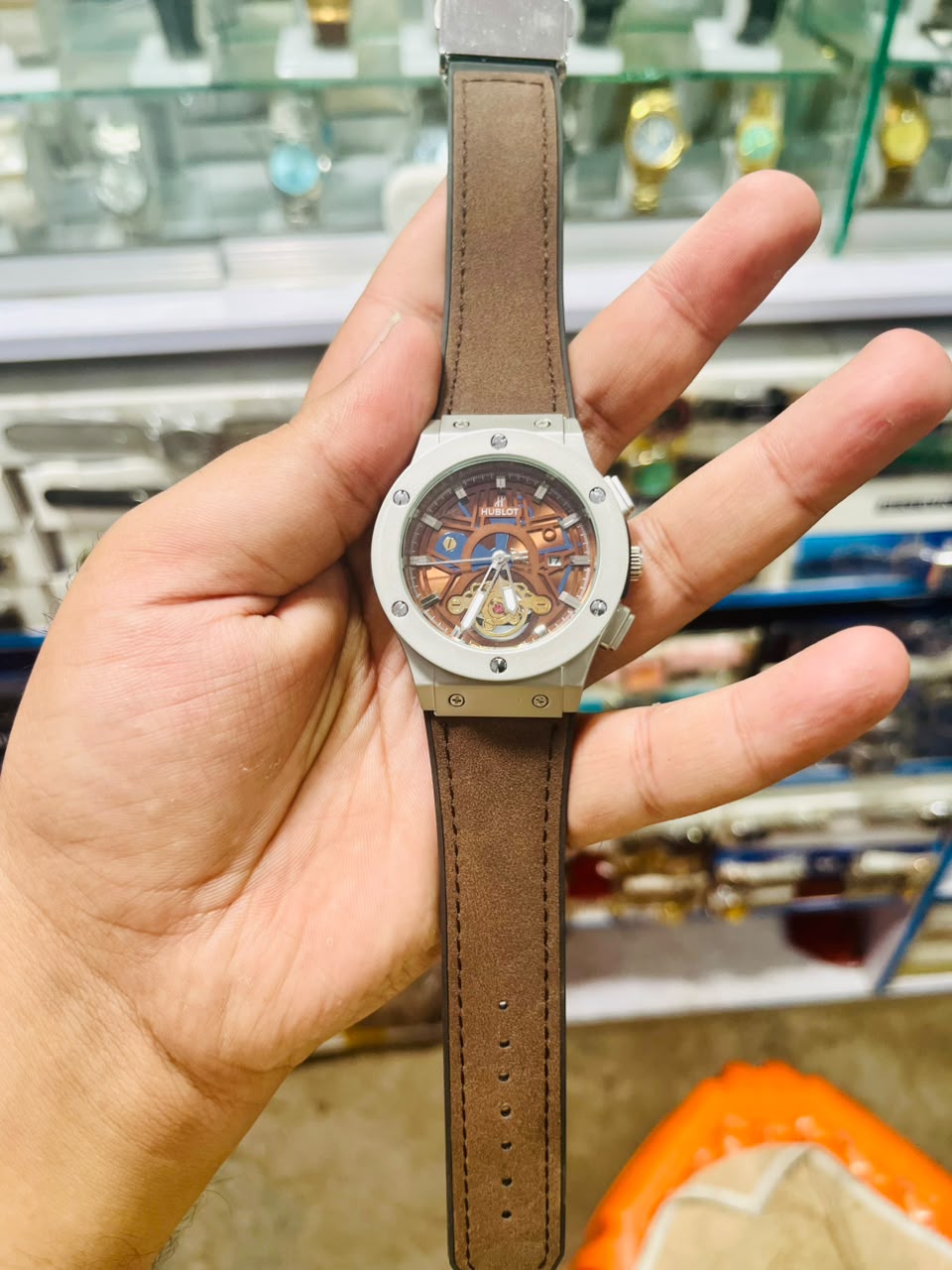 Hublot Style  Skeleton Dial Men's Watch with Green Leather Strap