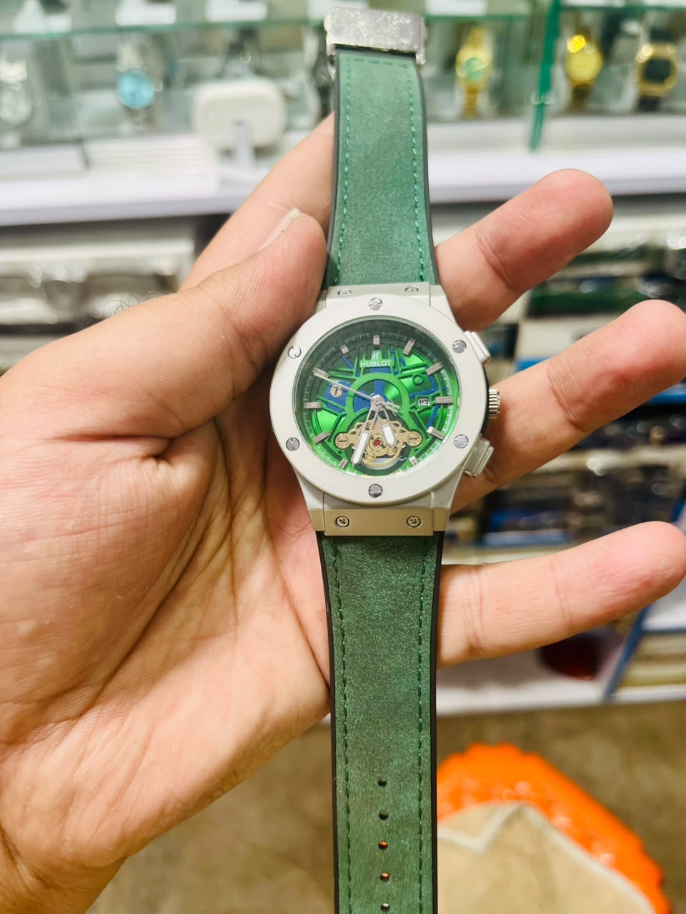 Hublot Style  Skeleton Dial Men's Watch with Green Leather Strap