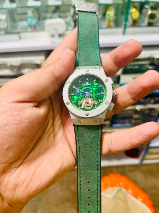Hublot Style  Skeleton Dial Men's Watch with Green Leather Strap