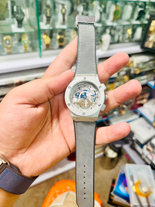Hublot Style  Skeleton Dial Men's Watch with Green Leather Strap